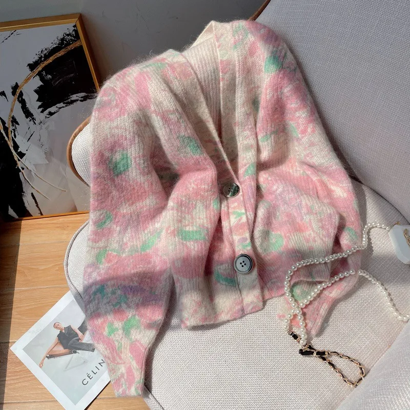 

2023 Spring And Autumn New Pink Sweater Women Soft Waxy Lazy Wind Loose All Imitation Mohair Hot Sell Knitted Cardigan Coat 225