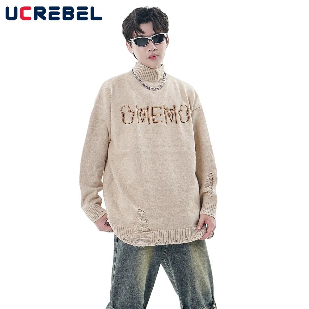 

Letter Embroidery Mock Neck Sweater Mens Loose Long Sleeve Streetwear Ripped Hole Knitted Pullover Men