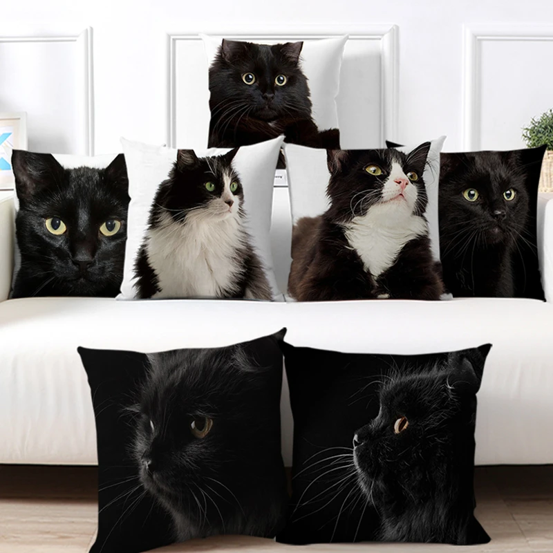 

Cute Black Cat Pillow Case Cartoon Funny Pictures Printed Living Room Decoration Home Sofa Chair Hugging Cushion Cover 45x45
