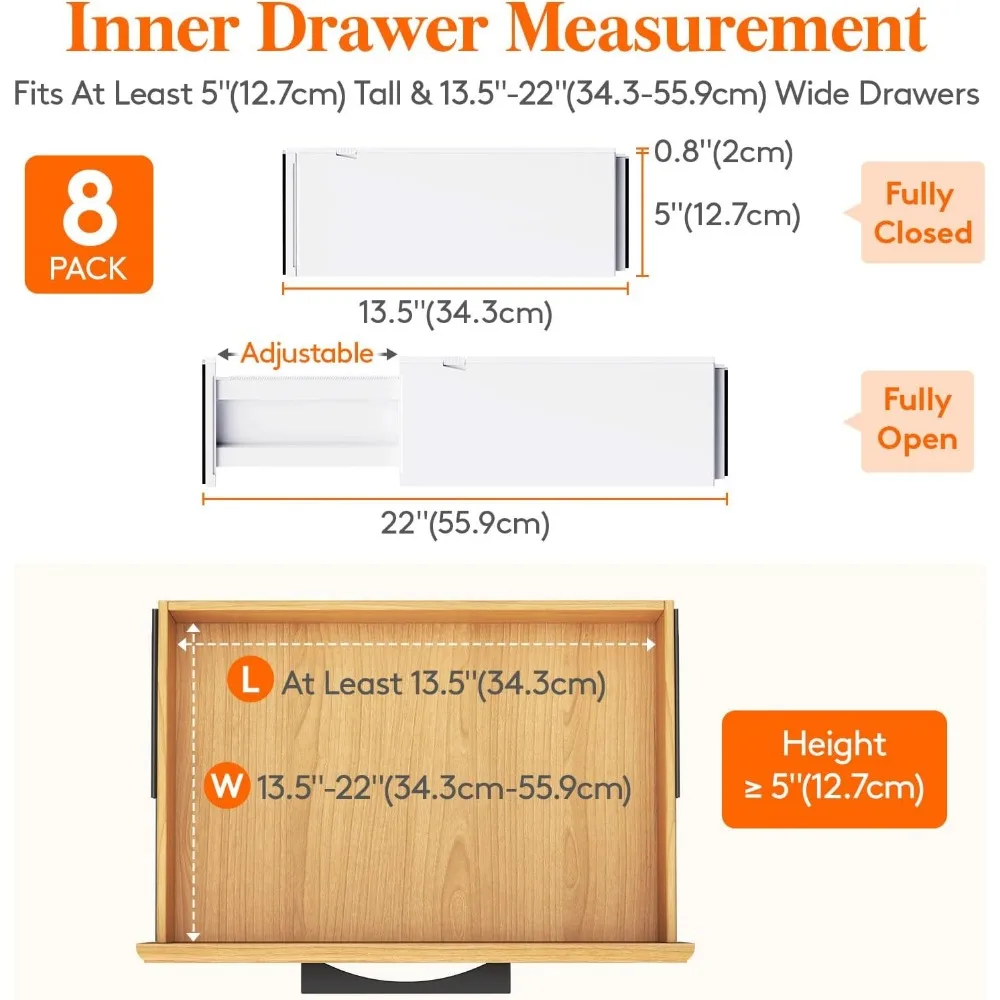 8 Pack Drawer Dividers 5" High, 13.5-22" Adjustable Clothes Organizers, Expandable Dresser Separators in Bedroom 2