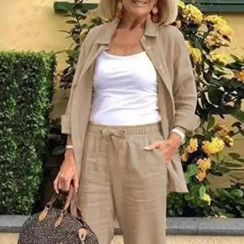 Solid Color Long Sleeve Lapel Single Breasted Blouse Top And Elastic Waist Shorts Two Pieces Suits