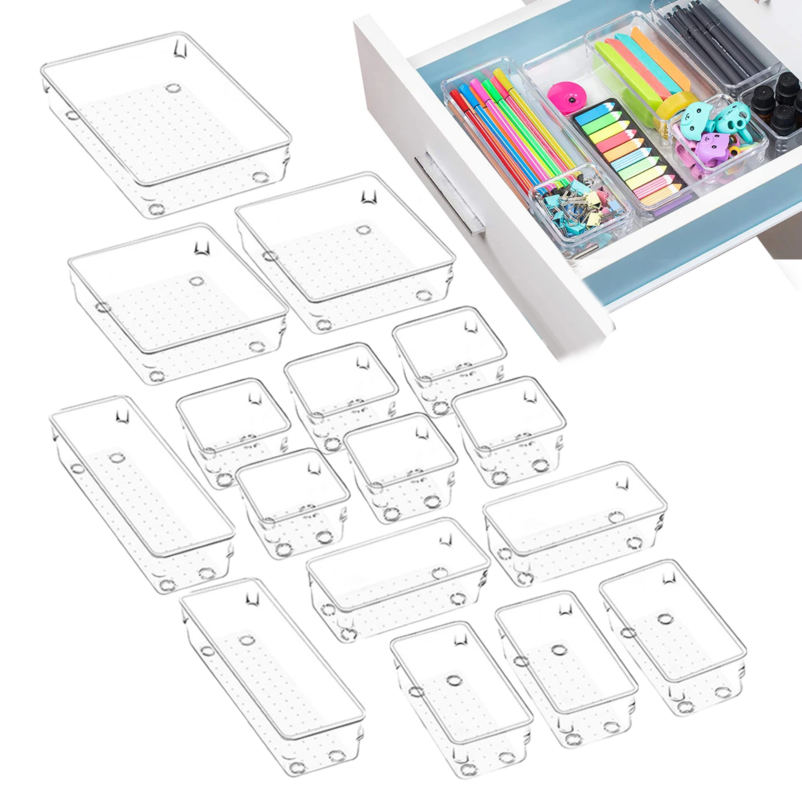 Vanity Drawer Organizer 16PCS Clear Drawer Organizers Set Versatile