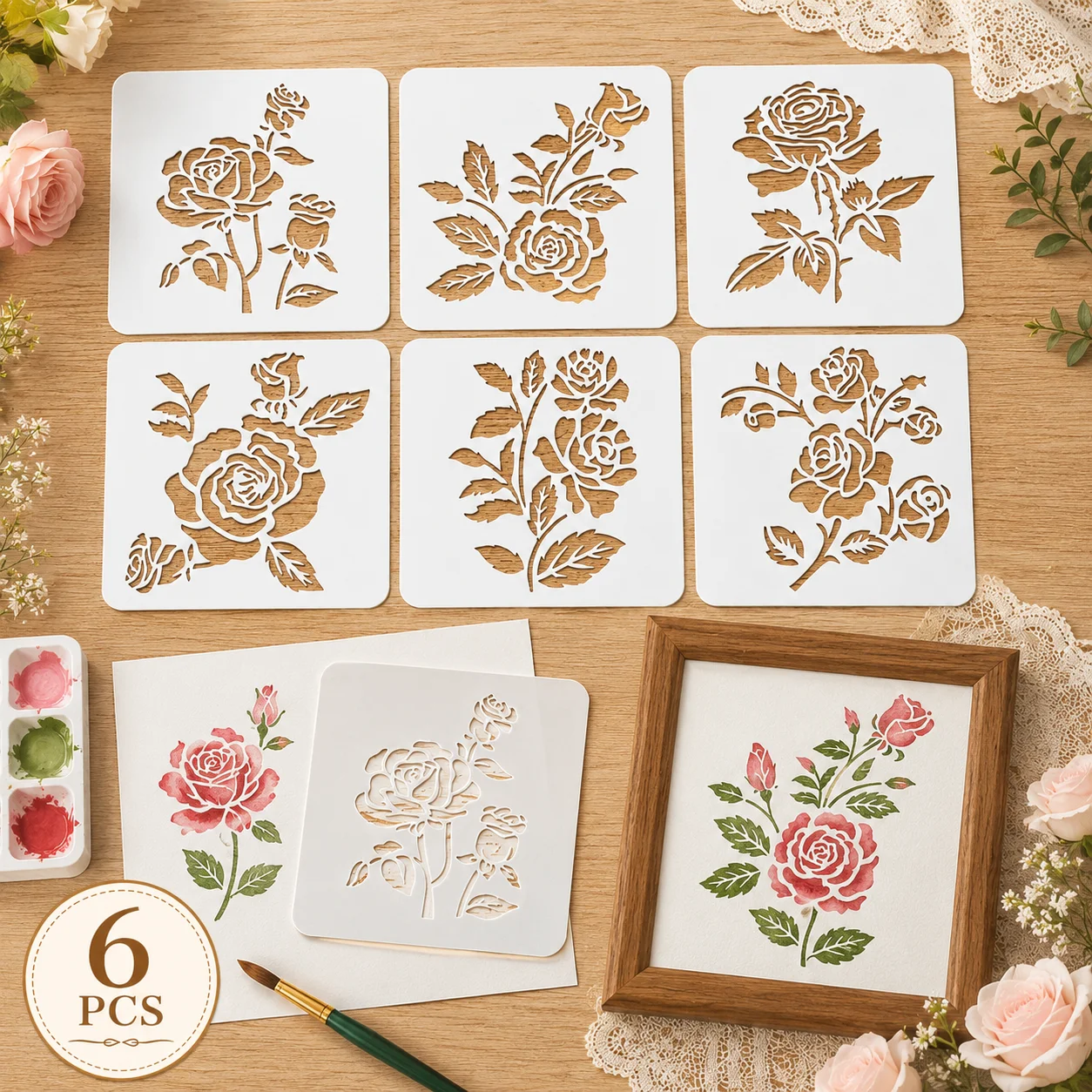 6PCS 5.1 x 5.1인치 장미꽃 스텐실 DIY 벽 목재 캔버스 패브릭 장 재사용 가능한 꽃무늬 템플릿