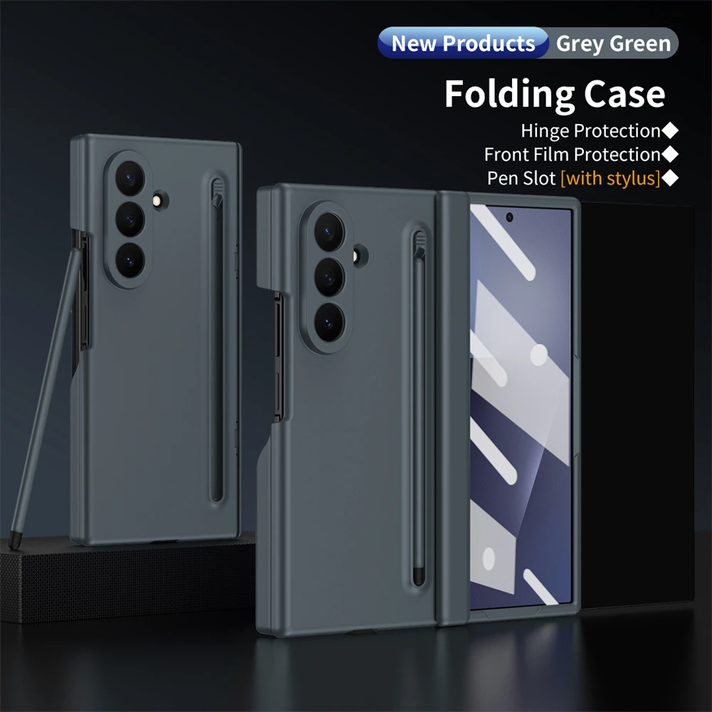 Luxury Steel Film Pen Slot Phone Case with Tempered Glass and Hinge Protection Cover
