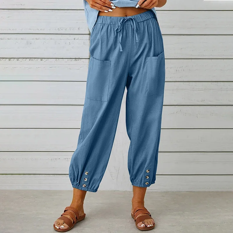 

Spring Summer New Women Cotton Linen Nine Points Pants Casual Loose High Waist Wide Bib Overall Office Ladies Cargo Pants