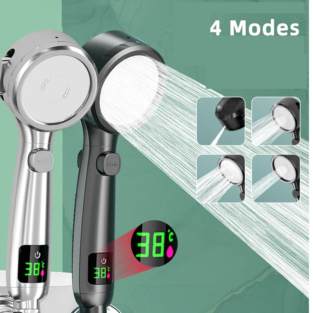 High-Pressure Handheld Digital Display Shower Head with Water-Saving 4-Mode Spray