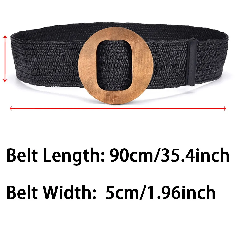 Women's Belt Elastic Woven Wide Belt PP Grass Waist Seal Wood Round Buckle Belt Fashion Ethnic Style Paired with Coat Skirt Belt
