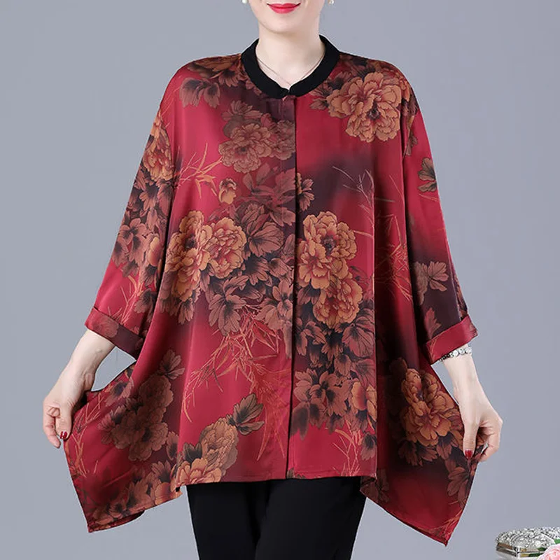 2023 Spring and Summer Fashion Upscale Chinoiserie Style Retro Art Stand Collar Flower Rich Printing Oversize Loose Casual Shirt