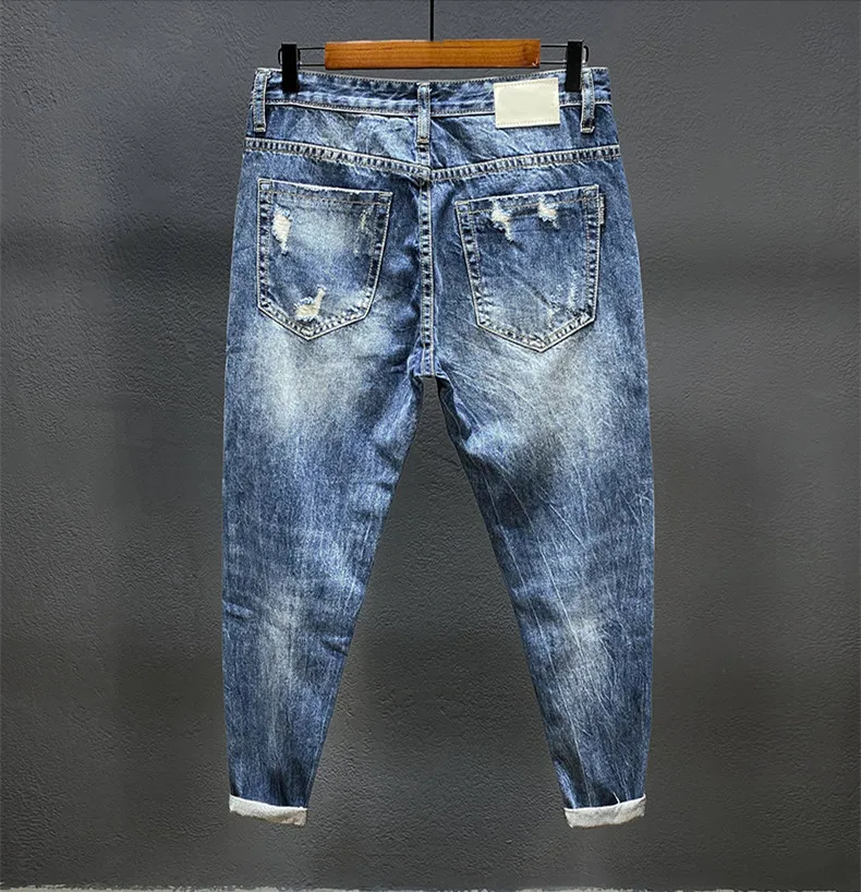 Nine-point jeans with holes for men's thin fashion brand slim feet in summer and summer Korean style spring and autumn pants