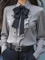 Women's Formal Shirt Collar Bow Tie Ruffles Long Sleeve Blouse - Image 5