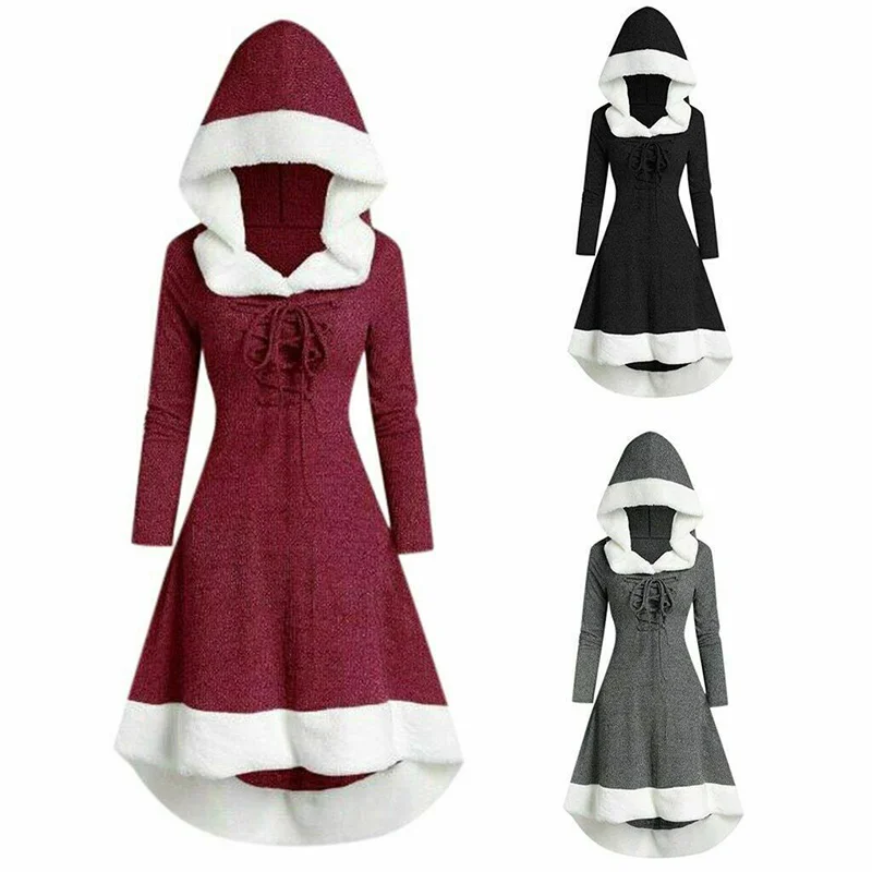 

Women's Christmas Hood Lace Up Midi Dress Pullover with Irregular Hem and Long Women's Dress Christmas Hood Lace Up Midi