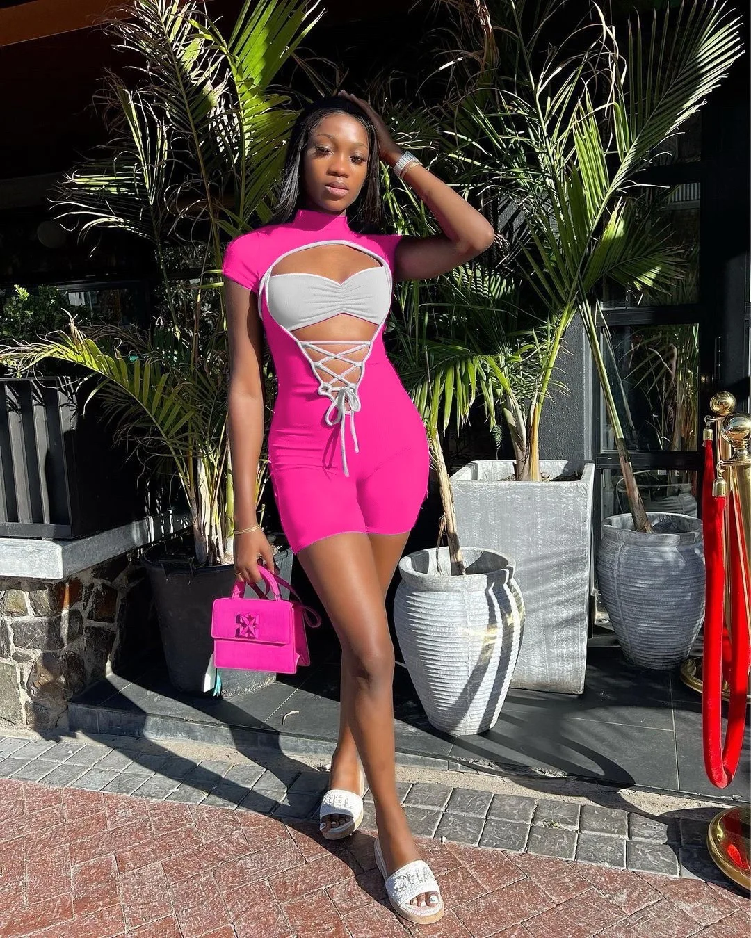 BKLD Women Summer 2023 Outfit Sexy Lace-Up Hollow Out Fahion Patchwork Casual Colorful Contrast One Pieces Rompers Shorts