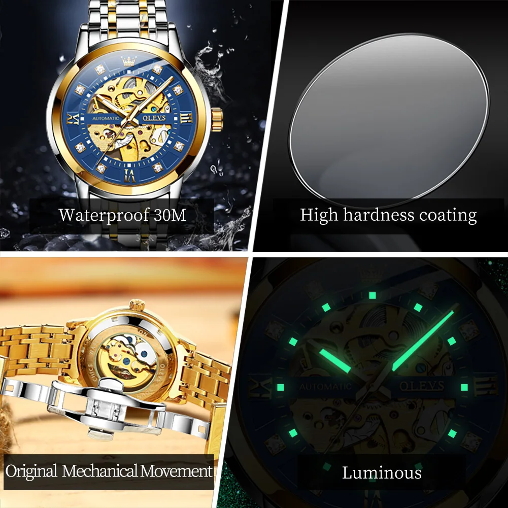 OLEVS New Fashion Skeleton Mechanical Watch for Men Stainless Steel Waterproof Automatic Hollow Watches Mens Relogio Masculino