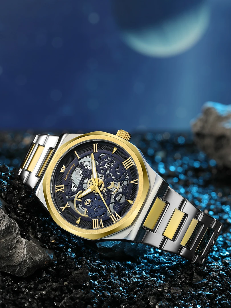 

Luxury Men Watch Male Quartz Wristwatch Classic Black Blue Sliver Gold Skeleton Hollow Stainless Steel Reloj Business Man Clock