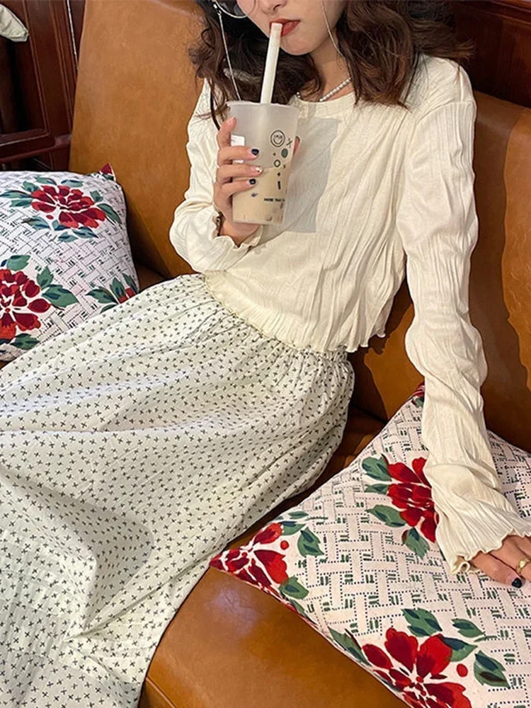 

Винтажная плиссированная футболка с длинным рукавом, Женская весенне-осенняя Повседневная приталенная однотонная короткая футболка с оборками в Корейском стиле