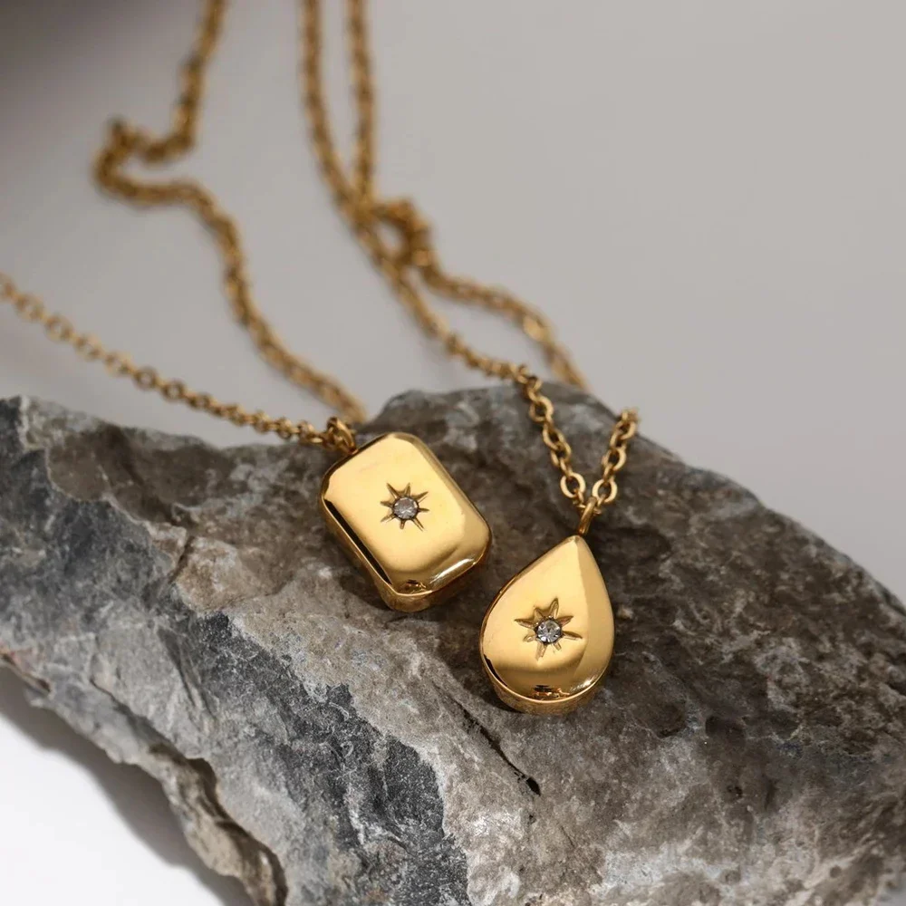 Exquisite Minimalist Mini Waterdrop Zircon Moon Necklace Women Chunky Square Small Pendant Round Bead Chain Gold Color Jewelry