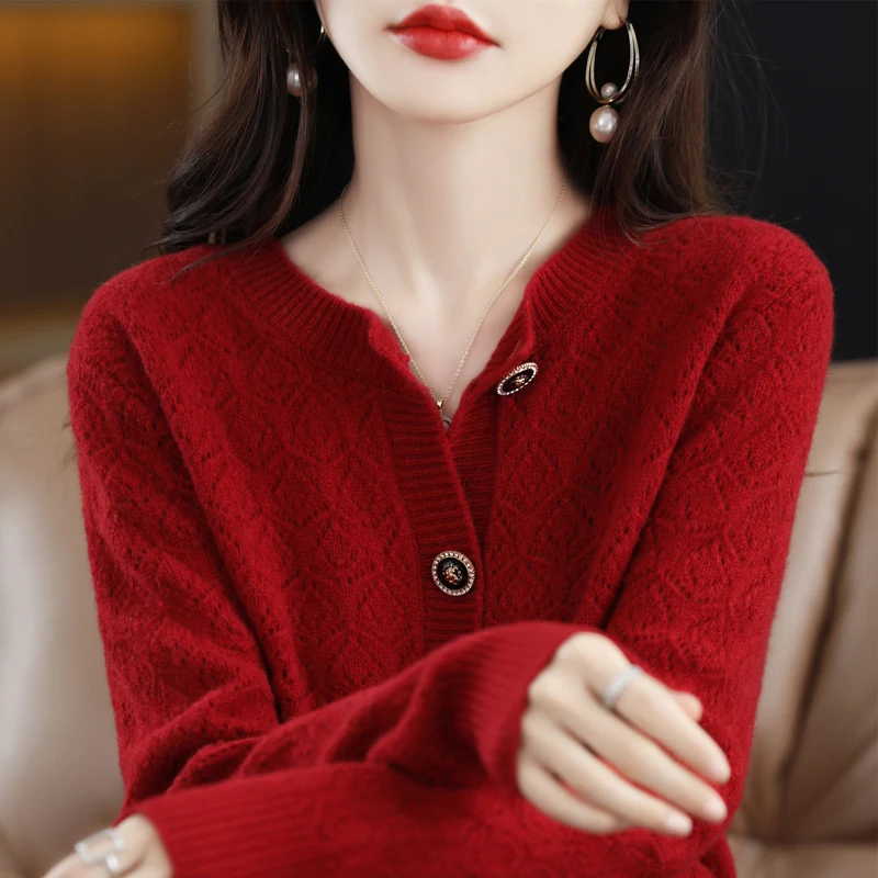 

Cardigan Sweater Women's 2022 Autumn Winter 100% Pure Wool Hollow Knitted To