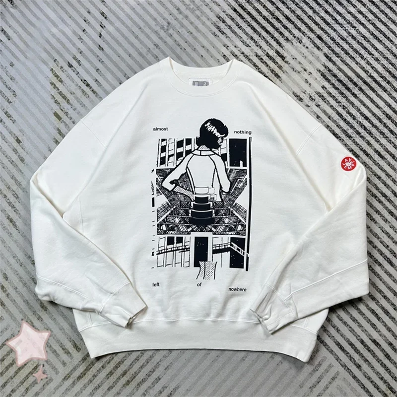 

New CAVEMPT Y2k Japanese Manga Print White Versatile Couples Hoodie Casual Loose Round Neck Cotton Pullovers for Men