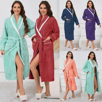 Warm Coral Fleece Home Dress Robe Sleepwear Thick Warm Fleece Bathrobe Gown Nightwear Loose Tied Up Waist Homewear Loungewear