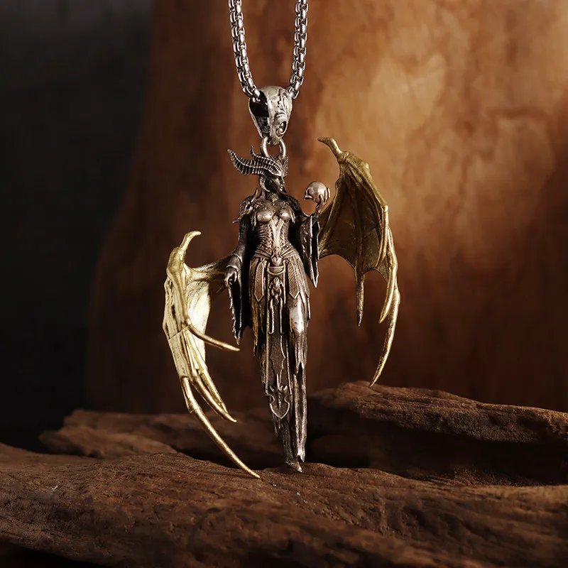 New Gothic Witch Iceman Armor Heroine Pendant Golden Wing Mother of Devil Punk Couple Hip Hop Trend Jewelry Party Gift Wholesale fashion domineering personality vintage ouroboros men s pendant necklace trend punk hip hop jewelry gifts wholesale