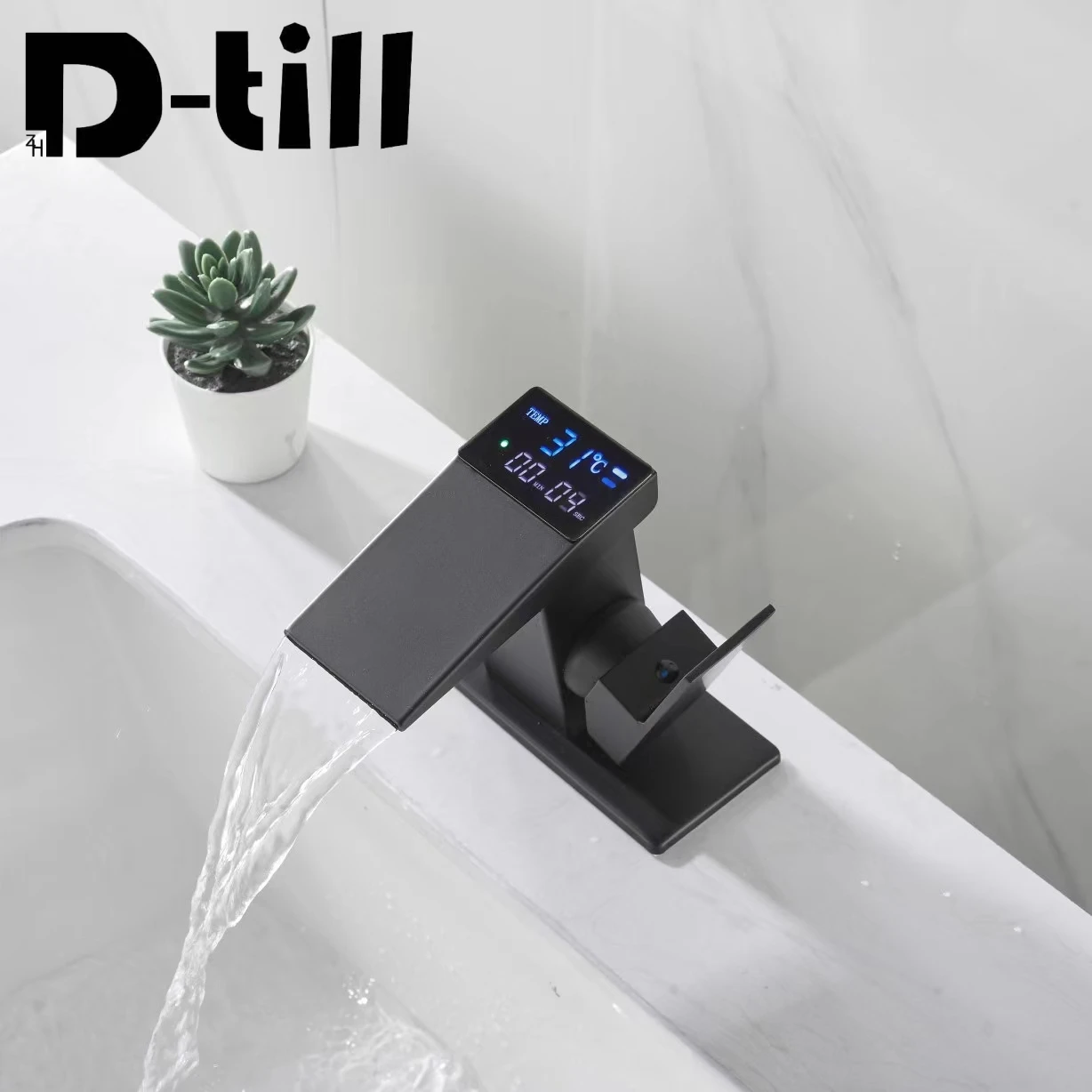 

D-till Bathroom Sink Basin Faucet LED Digital Mixer Taps Temperature Smart Brass Water Washing Deck Mounted Hot Cold Waterfall