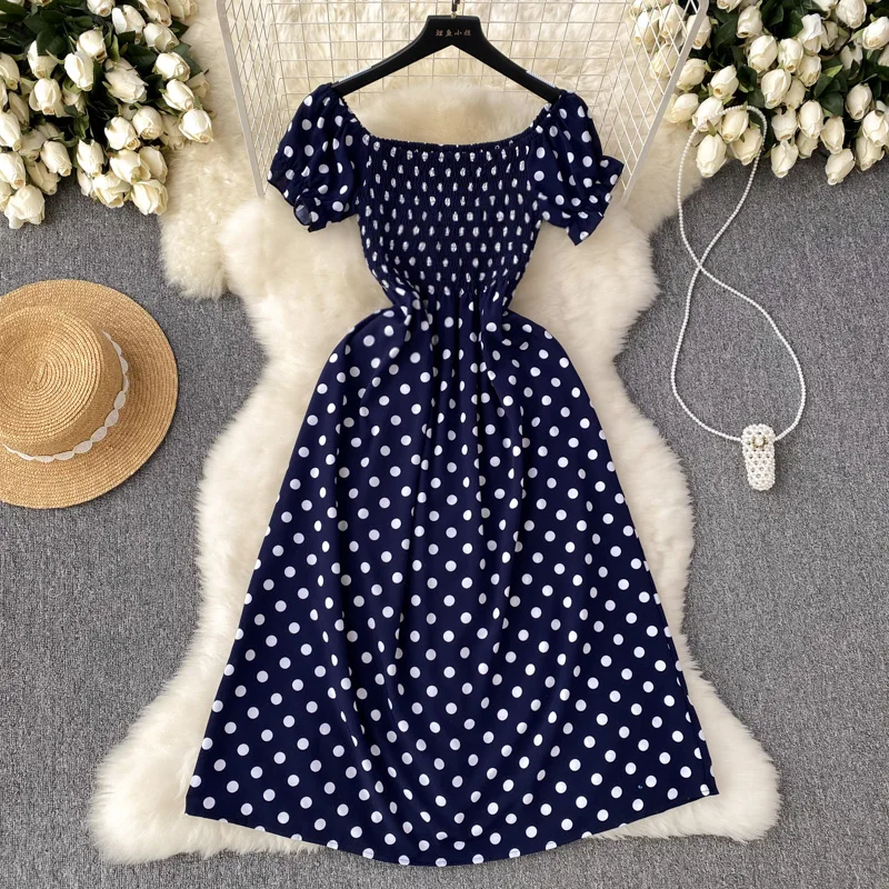 

Summer Beach Vacation Bohemian Dress Temperament Waist Wrapped Off Shoulder Short Sleeve Printed Chiffon Dress