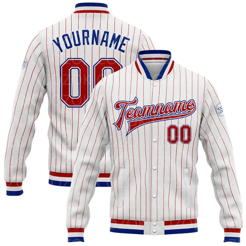 Custom White Red Color 3D Printed Baseball Button Jacket Bomber Full-Snap Varsity Letterman Jacket