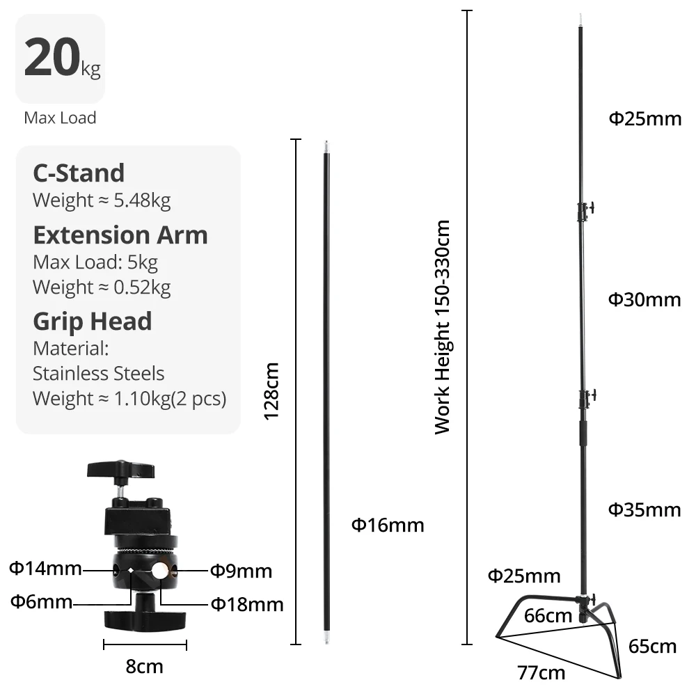 150-330cm Black Heavy Duty Multi-functional C-Stand Adjustable Light Stand Load 20KG for Photography Flash Strobe Flag Reflector