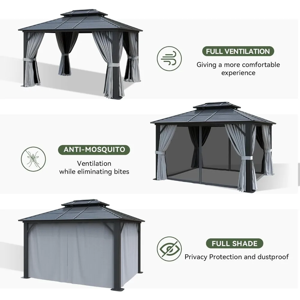 10'x 12' Hardtop , Outdoor Dual-Layer Galvanized Steel Double Roof Canopy with Netting and Curtains, Gazebos 6