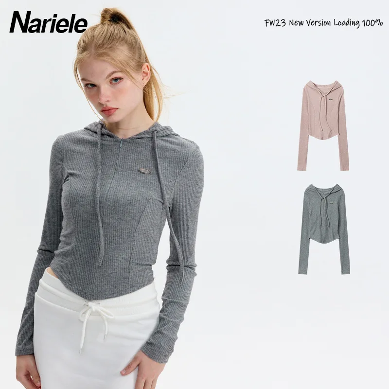 

Heyhenry Hooded Tight Long Sleeve T-Shirt Webbing Spring/Autumn Top Solid Color Women'S Short T-Shirt American Style Base