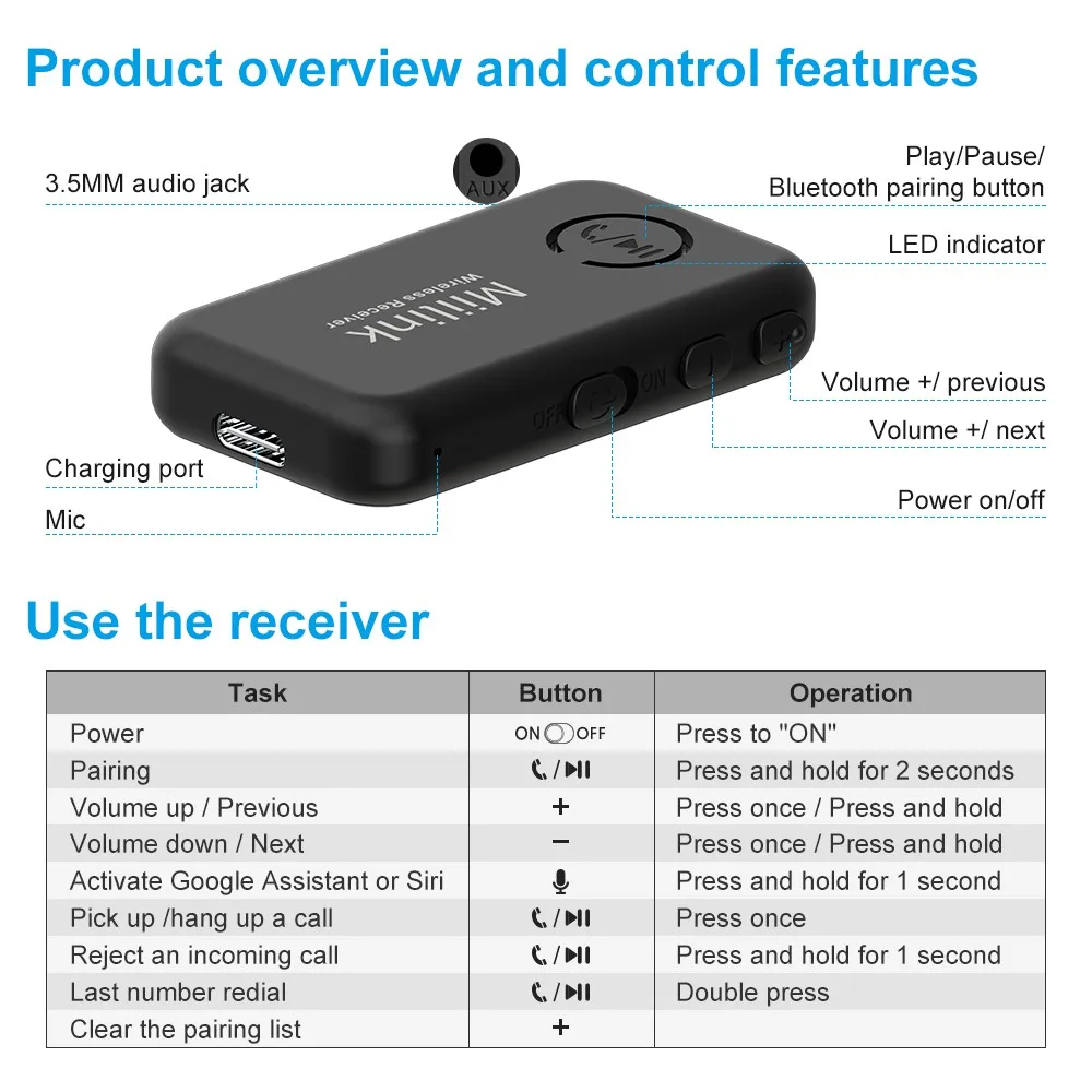 1Mii ML100 Bluetooth-compatible 5.0 Receiver Car With Mic 14H Long Battery 3.5mm Aux BT Adapter for Car Headphone Speaker