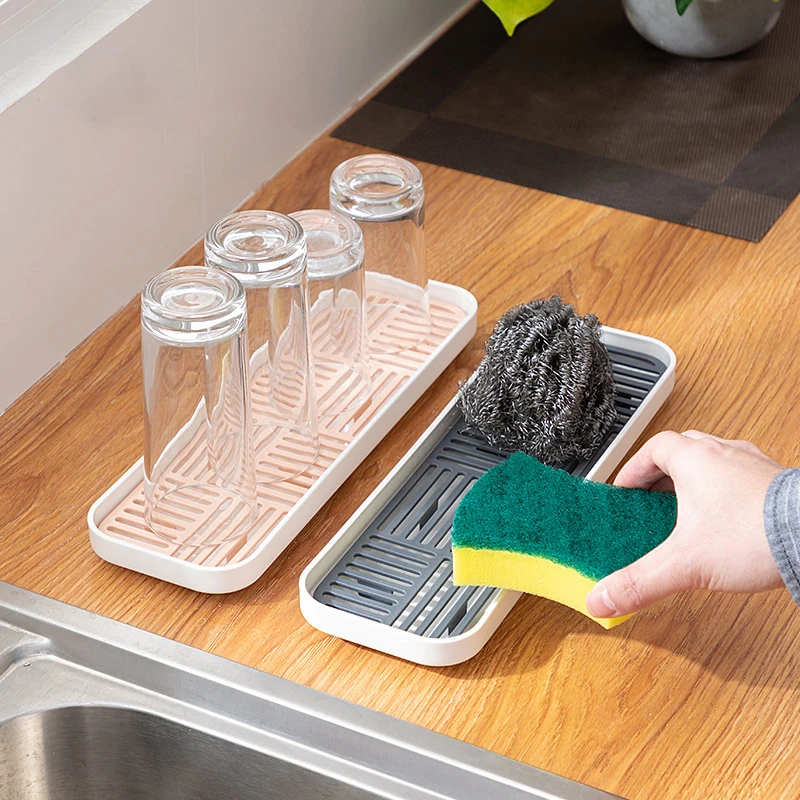Kitchen Tray Storage Tray Bamboo Organizer Tray Soap Dispenser Tray Sink Soap Storage Rack Sponge Holder Cup Tableware Drain Tray Dish Washing Scrubber Kitchen Storage Trays Home Organizer
