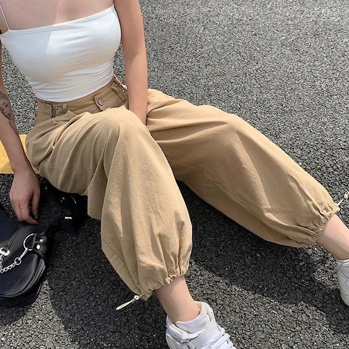 Women Y2K Khaki Adjustable Waist Oversized Cargo Pants Loose 2024 Fashion New Drawstring 90s Long Pant Fall Hip Hop Streetwear