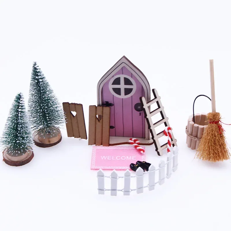 Doll House Elf Door Set Christmas Decor Fake Light String Hat Wreath Mini Tree Gift Boxes Fairy Toy House Miniature Scene Model 4