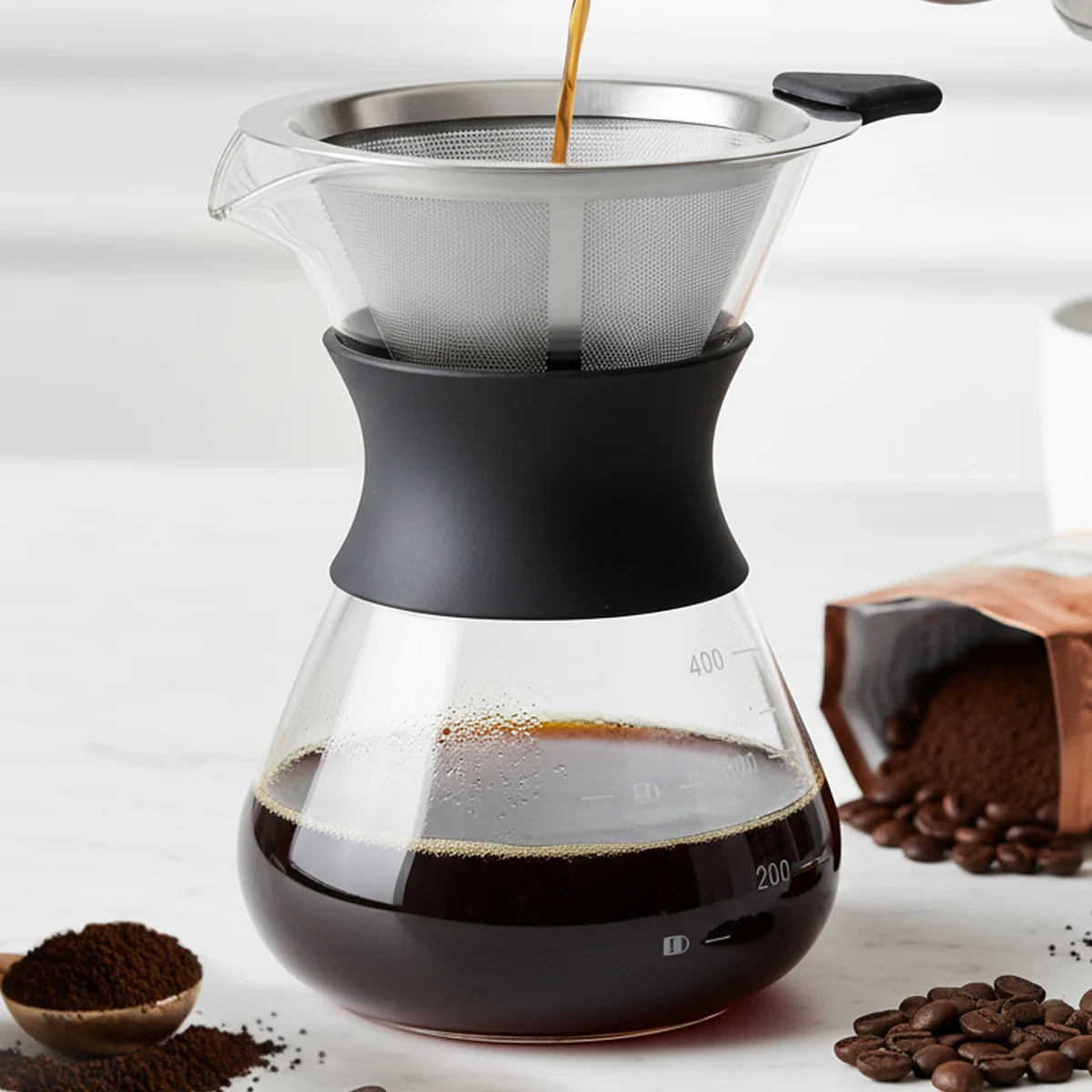 ماكينة قهوة زجاجية بفلتر ستانلس ستيل