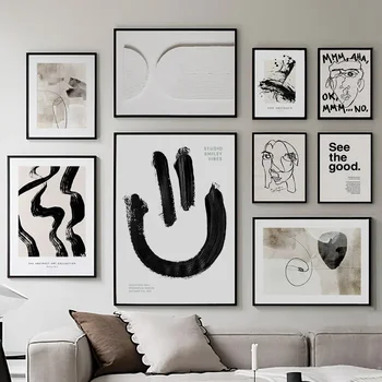 Wall Art Canvas Painting Inchiostro nero Sorriso astratto Face Line Drew Nordic Poster Soggiorno Decorazione Salon Stampa immagini murali