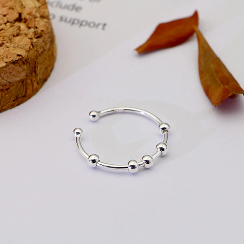 New True 925 Sterling Silver Ladies Men's Free Spin Stress Anxiety Ring Sterling Silver Fidget Beads Adjustable Ring