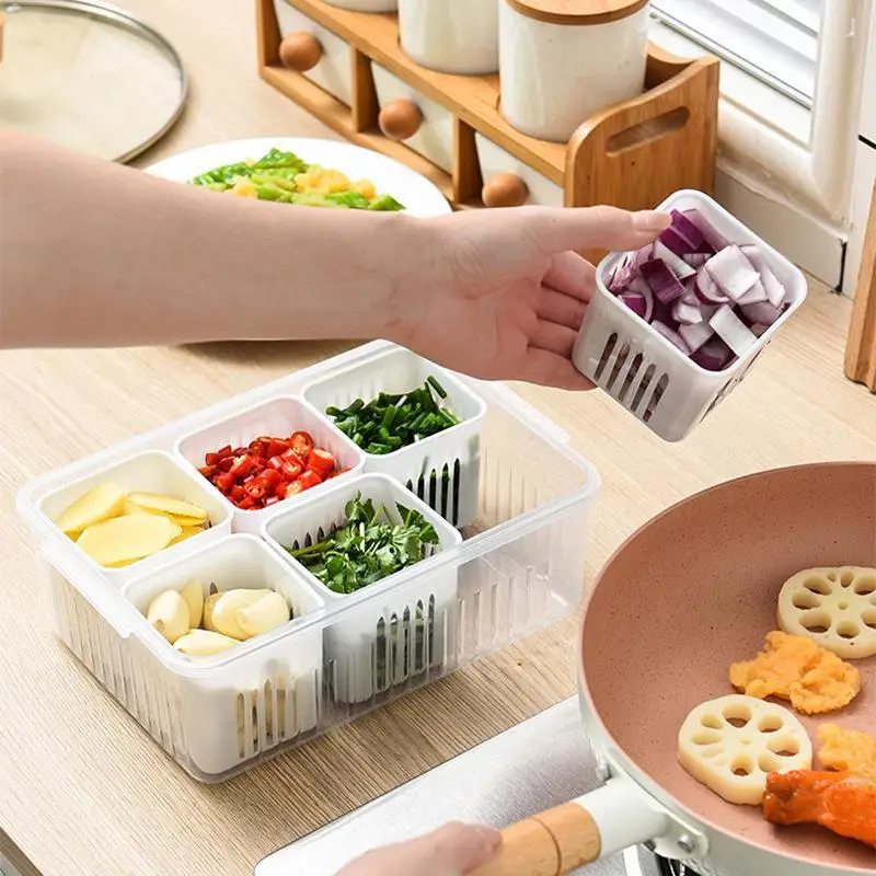 Kitchen Onion Ginger Garlic Storage Preservation Box Multi Grid Food Grade Fruit Vegetable Drain Box Refrigerator Storage Tank