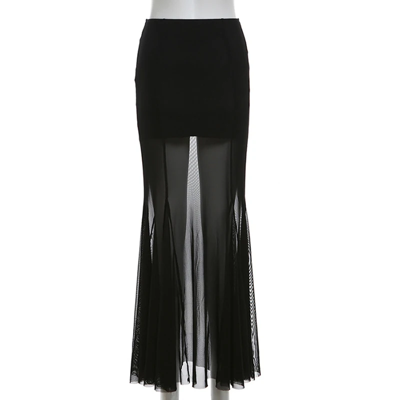 Elegant Skirt Women y2k Clothes See Through High Waist Fishtail Hem Mesh Bodycon Skirt 2000s Party Skirts Streetwear