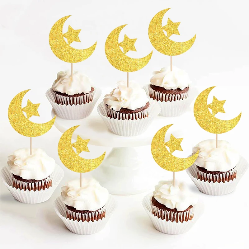 30 or 24Pcs Glitter Moon Cake Toppers and Stars Cupcake Picks Cake Decorations for Baptism Birthday Shower Celebrations