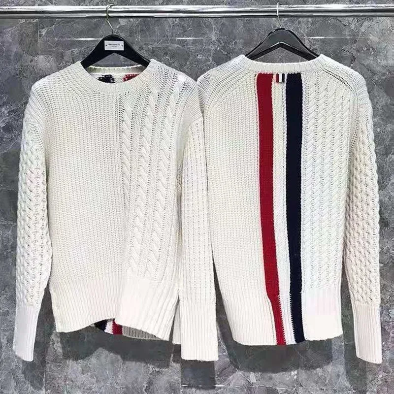 New retro twist thick thick pure round neck pullover sweater for men and women warm red, white and blue sweater.