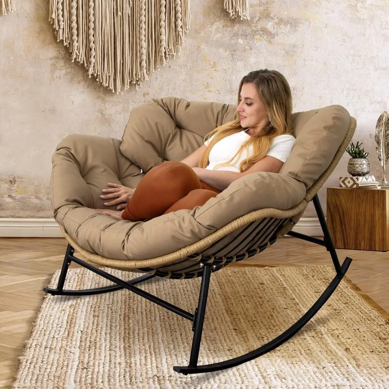 Indoor Outdoor Papasan Rocking Chair with Cushion, Oversized All Weather Patio Wicker Egg Rocker