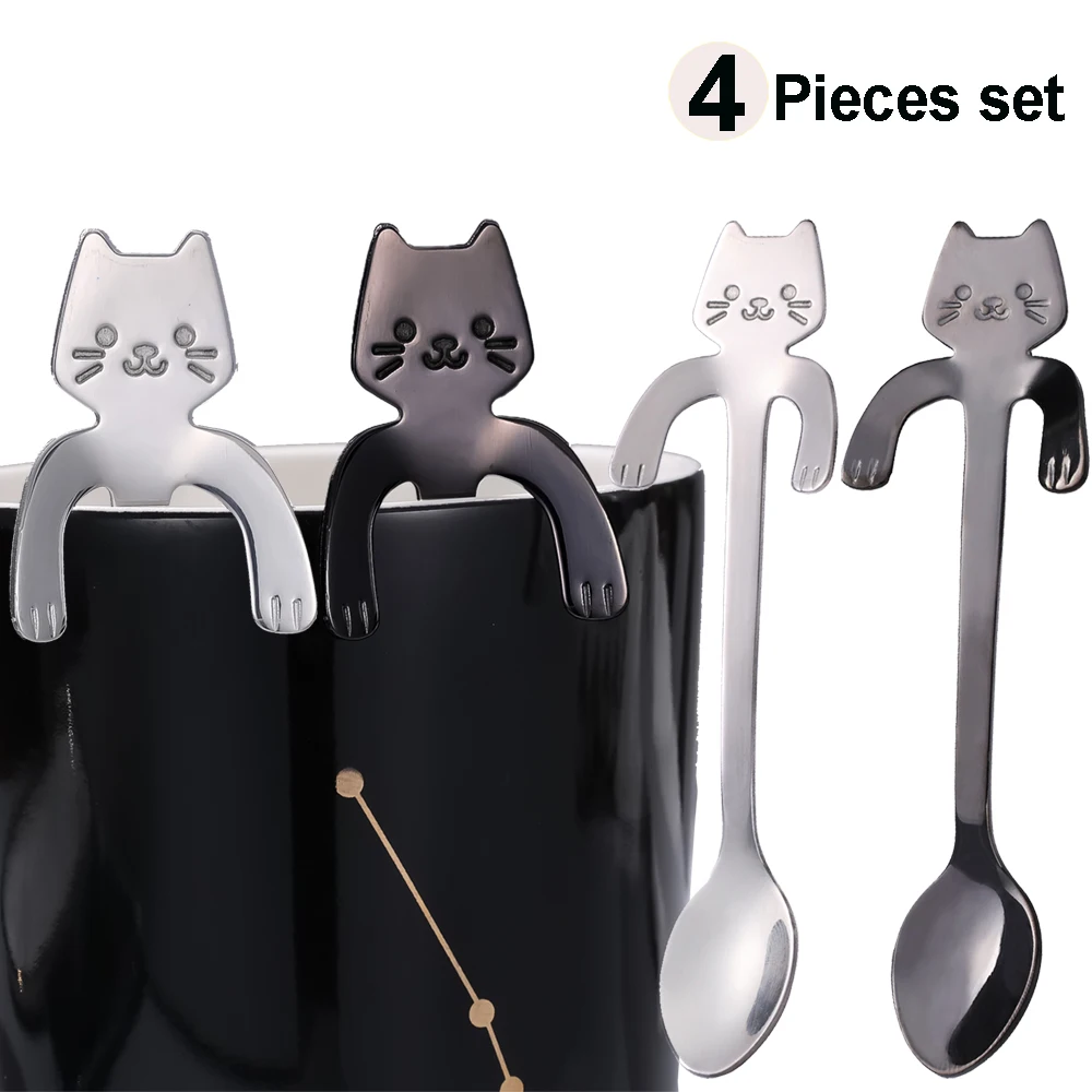 

Кофейная ложка из нержавеющей стали, 4 шт., чашка с мультяшным котом, чайная ложка, десертная ложка, мороженое, мини-столовая посуда для кухни