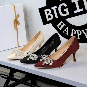 European And American Style Fashion Banquet Rhinestone Bow Small Square Toe Shallow Mouth Stiletto High Heels Women's Shoes