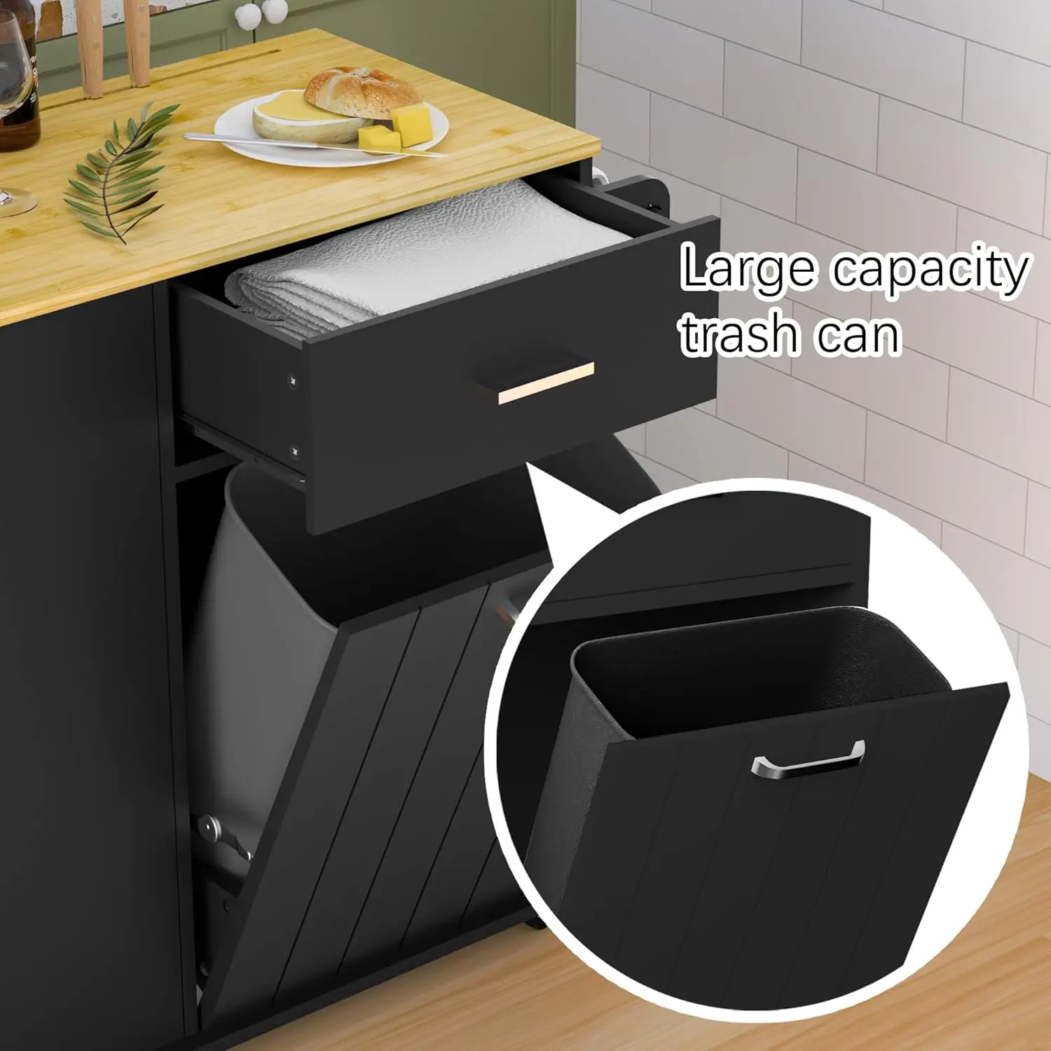 Tilt Out Trash Cabinet with Spice Rack Multi-function Kitchen Island on Wheels Free Standing Laundry Storage Trolley Cart