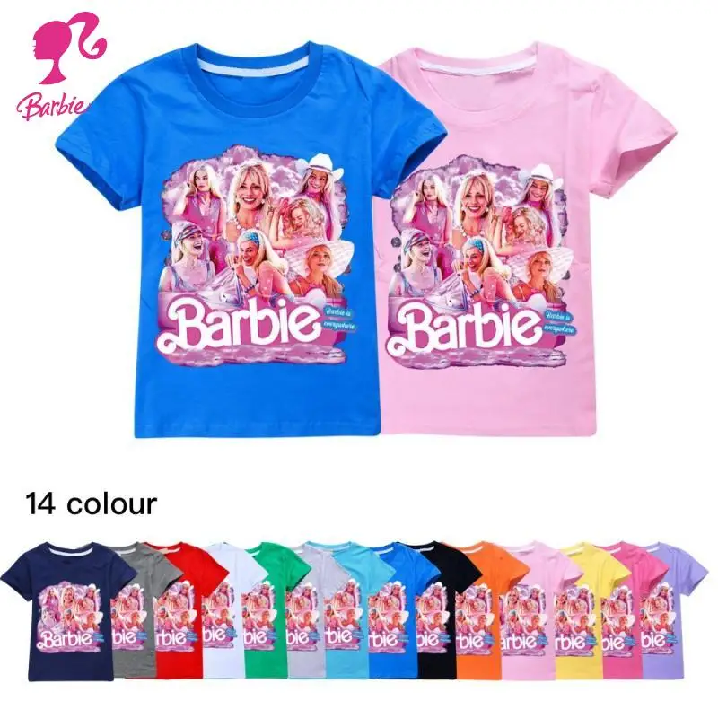 

Kawaii Детские футболки из чистого хлопка серия аниме Барби летний Европейский Американский стиль для мальчиков и девочек базовая модель топы с коротким рукавом подарок