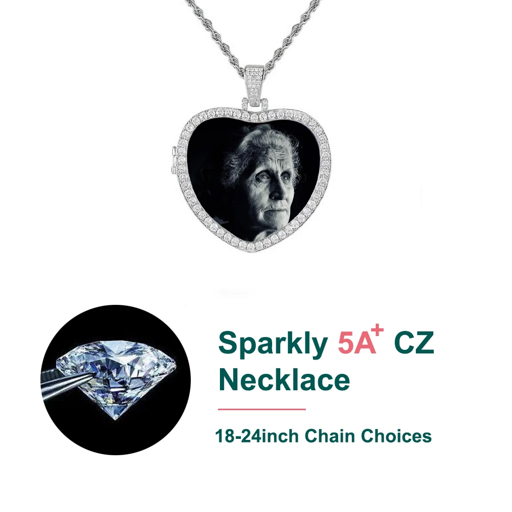 Hip-Hop Fashion In Europe And The United States Hollowed Out Flip Heart Photo Pendant Micro-Set Zircon Photo Frame Necklace