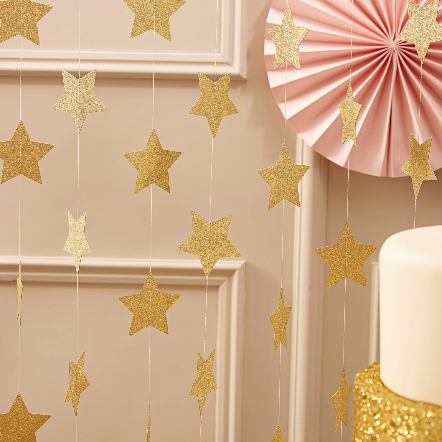 2 Stück 4 m helle goldene Papiergirlande, Sternschnur, Banner, Hochzeit, Geburtstag, Banner für Party, Zuhause, Wandbehang, Weihnachtsdekoration – Detail 3