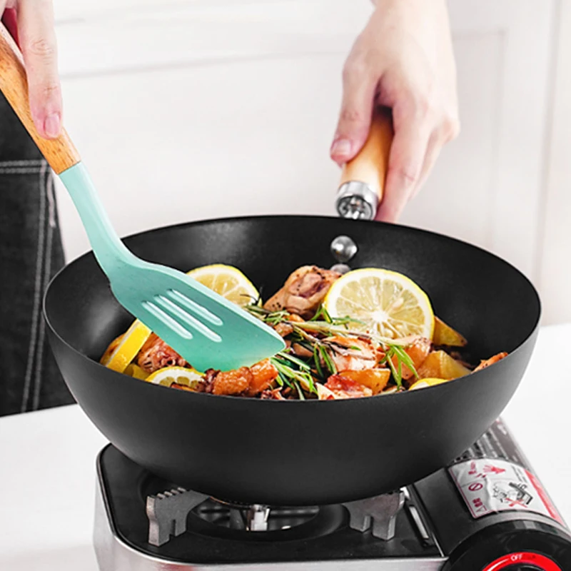 Mini Wok Antiaderente Acciaio Al Carbonio - 20cm, Base Piatta, Manico In Legno, Per Cucina A Fuoco Alto - Foto 4
