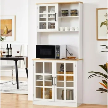 Kitchen cabinets.Kitchen Pantry Storage Cabinet with Hutch,72'' Freestanding Buffet Cupboard with Large Countertop & Glass Doors 1